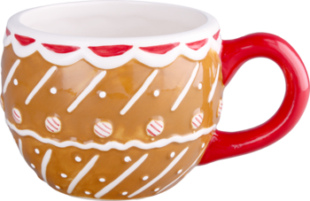 Świąteczny kubek ceramiczny, brązowy w kształcie piernika, z białym lukrem i cukierkowymi detalami, czerwony uchwyt.