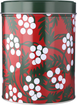 Czerwona puszka z zieloną pokrywką i świątecznym wzorem białych jagód na zielonych liściach, widok z przodu.