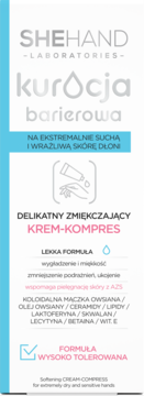 SheHand Kuracja Barierowa krem-kompres do bardzo suchych dłoni, front opakowania: białe z niebieskim paskiem.