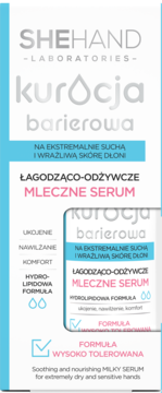 Shehand Laboratories Kuracja Barierowa Mleczne Serum do dłoni w białym kartoniku z niebieskim paskiem, widok z przodu.