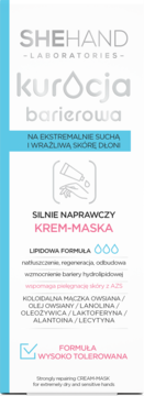 Shehand Kuracja Barierowa krem-maska do dłoni, ekstremalnie sucha i wrażliwa skóra, biało-niebieskie opakowanie.