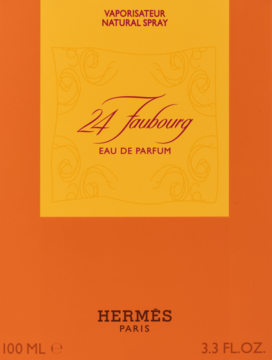Opakowanie damskiej wody perfumowanej Hermès 24 Faubourg 100 ml, pomarańczowe, z żółtą etykietą i napisem EAU DE PARFUM.
