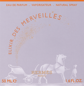 Jasnofioletowe opakowanie Hermès Elixir Des Merveilles, pomarańczowe napisy, grafika konia i karety. Widok z przodu.