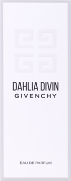 Białe opakowanie perfum Givenchy Dahlia Divin Eau de Parfum, z czarnymi napisami i subtelnym logo, widok z przodu.