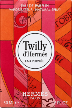 Twilly d'Hermès Eau Poivrée Eau de Parfum w kolorowym pudełku z etykietą i napisem "Twilly d'Hermès", widok z przodu.