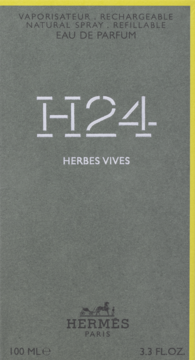 Hermes H24 Herbes Vives Eau de Parfum. Szare opakowanie z żółtymi bokami, białe napisy i logo Hermes, 100ml, widok z przodu.