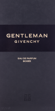 Eleganckie, ciemnogranatowe opakowanie Givenchy Gentleman Eau de Parfum Boisée ze złotymi napisami, widok z przodu.