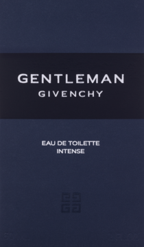 Pudełko męskiej wody toaletowej Givenchy Gentleman Intense, front granatowy z białym tekstem i logo.