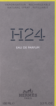 Hermes H24 Eau de Parfum, szare kartonowe pudełko 100ml, widok z przodu, białe napisy, logo.