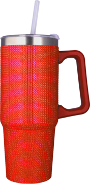 Czerwony fakturowany kubek termiczny z metalowym rantem, rączką i przezroczystą słomką, widok z boku.