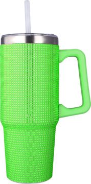 Jaskrawozielony kubek termiczny z rączką, teksturowana powierzchnia z wypustkami, srebrny kołnierz, widok z przodu.