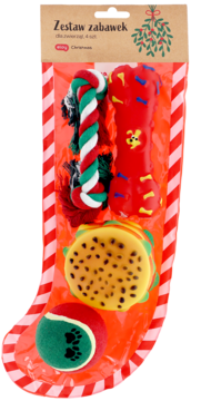 Świąteczny zestaw 4 zabawek dla psa w czerwono-białej skarpecie: lina, kość, burger, piłka z łapą.