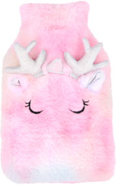 Różowy pluszowy pokrowiec na termofor z pastelowym gradientem, z brokatowymi rogami renifera i haftowanymi oczami.