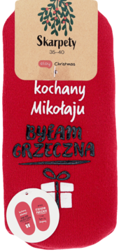 Czerwone świąteczne skarpety z napisem "kochany Mikołaju, BYŁAM GRZECZNA" i grafiką prezentu, rozmiar 35-40.