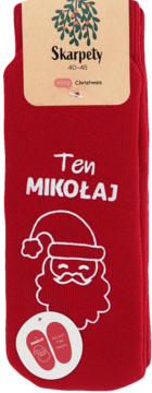 Czerwone świąteczne skarpetki z białym wizerunkiem Mikołaja i napisem Ten Mikołaj, rozmiar 40-45, widok z przodu.