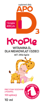 APO D3 Krople, witamina D dla niemowląt i dzieci, białe opakowanie z wizerunkiem dziecka i żyrafy.