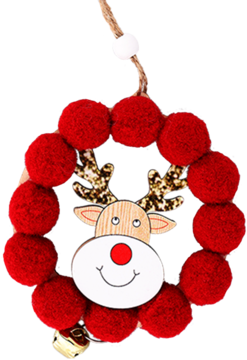 Zawieszka świąteczna: wieniec z czerwonych pomponów z drewnianym reniferem i złotym dzwoneczkiem, do powieszenia.