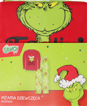 Świąteczna piżama dziewczęca Grinch w ozdobnym pudełku: czerwona bluzka, zielone spodnie, duża postać Grincha.