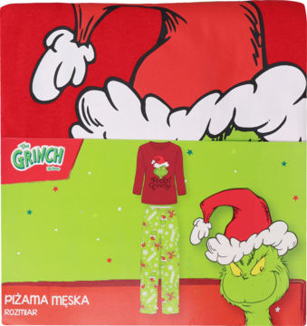 Męska piżama The Grinch w świątecznym opakowaniu, czerwona bluzka z postacią, zielone spodnie w białe wzory.