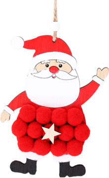 Drewniana zawieszka świąteczna Mikołaj, czerwony kapelusz i pompony, biała broda, beżowa gwiazda, widok z przodu.