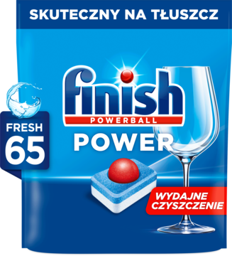 Finish Powerball Power 65 kapsułek do zmywarki. Niebieskie opakowanie z tabletką, czystą szklanką i napisem "Skuteczny na tłuszcz".