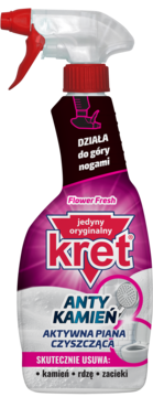 Fioletowy spray Kret Antykamień Flower Fresh, aktywna piana do łazienki, działa do góry nogami, widok z przodu.