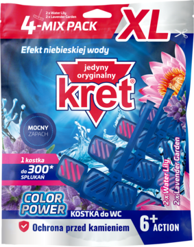 Kret Color Power 4-MIX XL: cztery kostki do WC w koszyczkach, niebieska woda, świeży zapach, 6+ACTION.