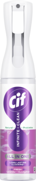 Biały spray Cif Infinite Clean, butelka z fioletowym logo i różową etykietą Lavender + Eucalyptus, widok z przodu.