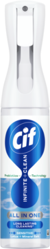 Biała butelka sprayu Cif Infinite+ Clean, płyn All in One, Sensitive Lotus + Mineral Salt, widok z przodu.