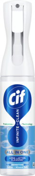 Cif Infinite Clean Uniwersalny Spray Sensitive Lotus+Mineral Salt w białej butelce z niebieską etykietą, widok z przodu.