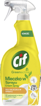 Żółta butelka Cif Greenactive Mleczko w Sprayu Lemon, z zielonym logo, białą etykietą i cytrynami, widok z przodu.