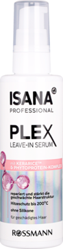 Biała butelka Isana Professional Plex leave-in serum z Kerarice, widok z przodu. Do włosów zniszczonych, bez silikonów.