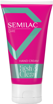Krem do rąk Semilac Care Fresh & Clean, różowa tubka z zielonym wzorem, białe napisy i wieczko, widok z przodu.