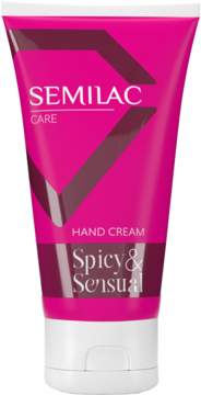 Różowa tubka kremu Semilac Care Spicy & Sensual do rąk z białym zamknięciem, widok z przodu.