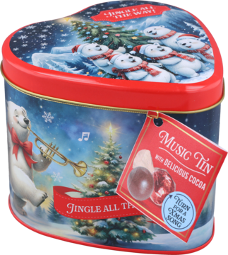 Jingle Music Tin, serduszkowa puszka, czerwono-niebieska, z niedźwiedziami polarnymi i choinką, napis 'Delicious Cocoa'.