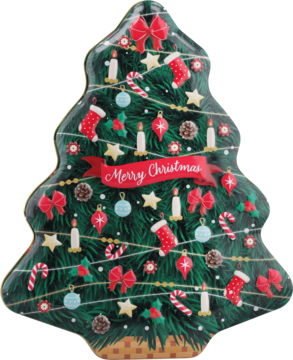 Metalowa puszka z wyrobami czekoladopodobnymi, zielona choinka z dekoracjami i napisem 'Merry Christmas'.