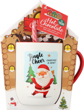 Santa's House mugs: biały kubek "Jingle Cheer" z Mikołajem, gorąca czekolada i cukierek w opakowaniu domku.