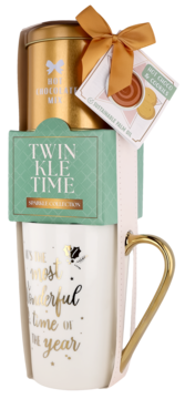Prezentowy zestaw: biały kubek z napisem 'most wonderful time of the year', puszka Hot Chocolate Mix, pudełko Twinkle Time.
