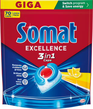 Czerwono-niebieskie opakowanie Somat Excellence 3w1 Lemon Caps 70 sztuk do zmywarki, z widoczną kapsułką.