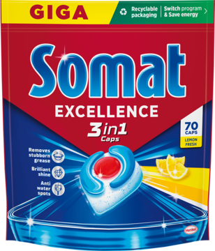 Somat Excellence 3w1 Lemon Fresh, 70 kapsułek do zmywarki. Widok z przodu, czerwono-niebieska torba GIGA.