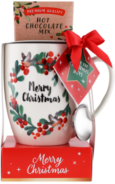 Zestaw prezentowy: biały kubek 'Merry Christmas' z wzorem w jagody, waniliowa czekolada do picia w proszku i łyżeczka.
