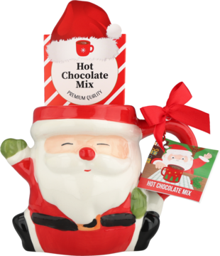 Czerwono-biały ceramiczny kubek Mikołaj z pudełkiem gorącej czekolady i świąteczną zawieszką, widok frontalny.