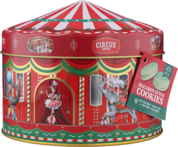 Czerwona puszka w kształcie karuzeli z ciastkami w stylu makaroników. Widok z przodu, cyrkowe zdobienia.