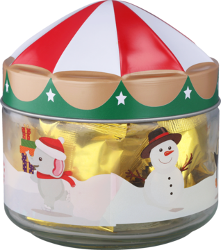 Słoik Carrousel z ciasteczkami, czerwono-biały daszek, bożonarodzeniowe grafiki: słoń i bałwan.