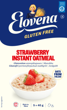 Front opakowania Elovena Gluten Free Strawberry Instant Oatmeal 5x40g, niebiesko-białe, z miską owsianki i truskawkami.
