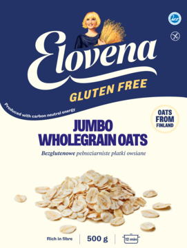 Niebiesko-kremowe opakowanie Elovena Jumbo Wholegrain Oats, bezglutenowe, 500g, z widokiem fińskich płatków.