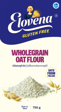 Niebiesko-białe opakowanie Elovena Gluten Free Wholegrain Oat Flour 750g, z mąką, owsem, napis 'Oats from Finland', widok z przodu.