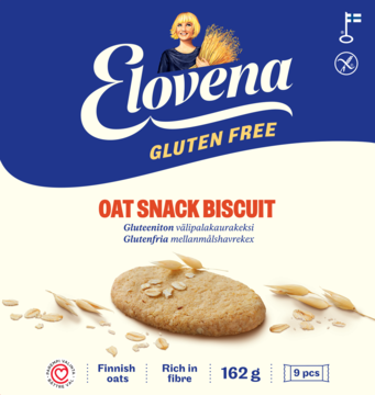Elovena Gluten Free Oat Snack Biscuit, opakowanie niebiesko-białe, z ciastkiem owsianym i płatkami, widok z przodu.