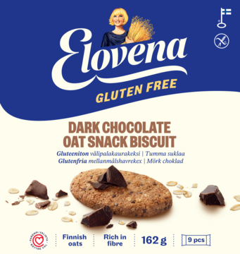 Front opakowania Elovena Gluten Free Dark Chocolate Oat Snack Biscuit: niebiesko-kremowe, z owsianym ciastkiem i czekoladą.