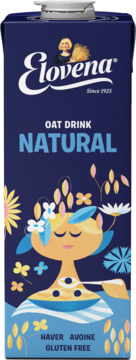 Karton Elovena Oat Drink Natural. Granatowy z grafiką kobiety, owsa, kwiatów. Napis „Oat Drink Natural”, gluten free.